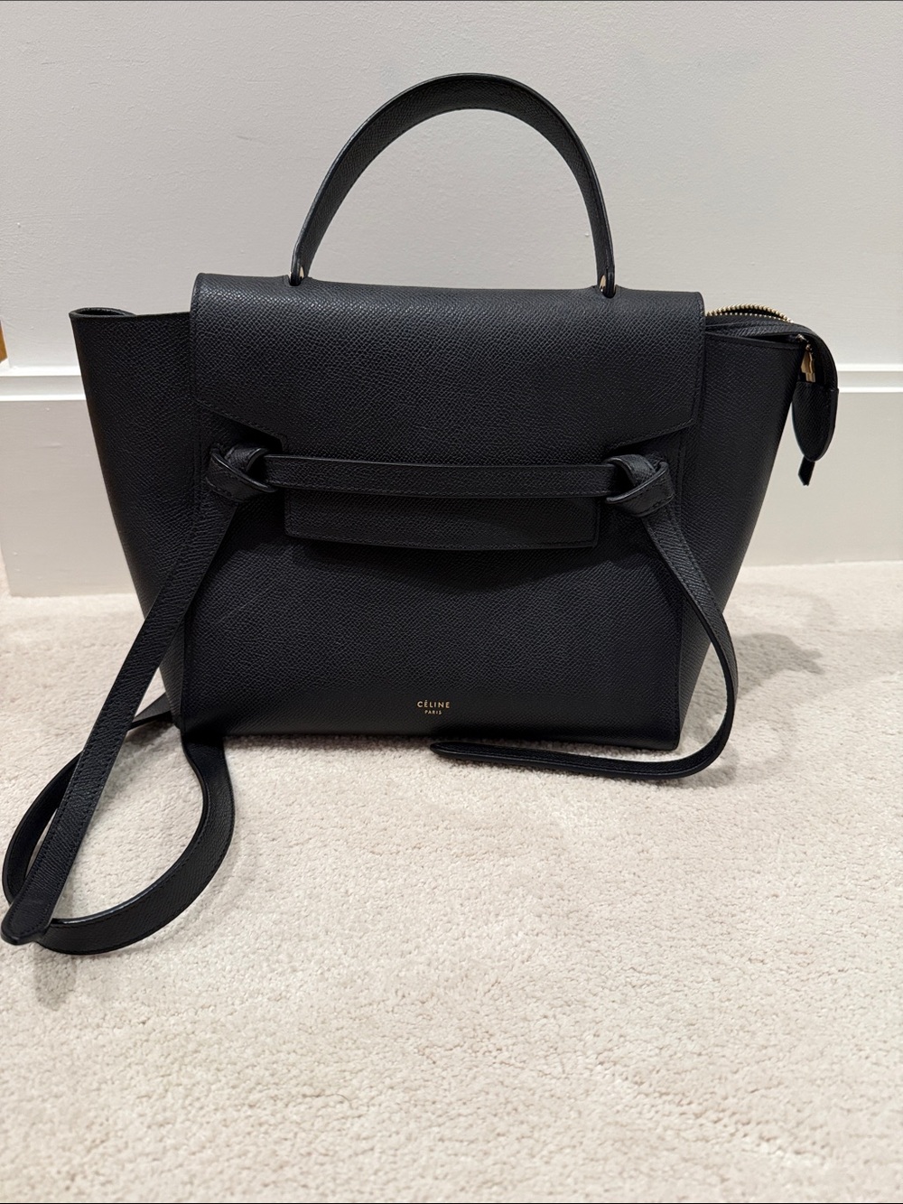 Celine Black Leather Top-Handle Satchel with Crossbody Strap